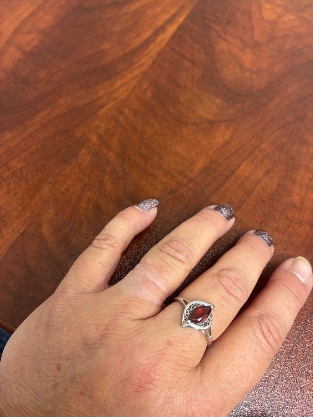 Silver Garnet Marquise Ring - Elegant Deep Red Gemstone